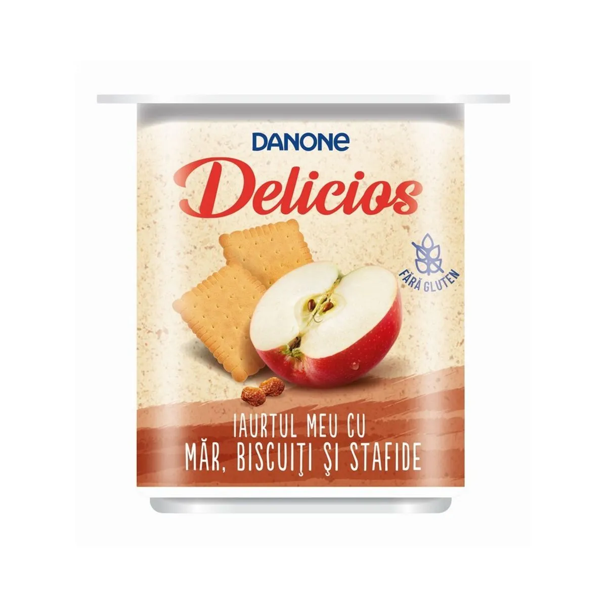 Iaurt cu mar, biscuiti si stafide Danone Delicios, 125 g