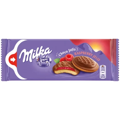 Biscuiti cu jeleu cu aroma de zmeura Milka Choco Jaffa, 147 g