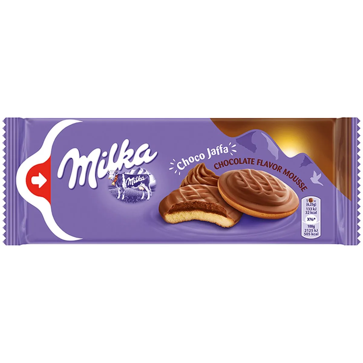 Biscuiti cu spuma cu aroma de ciocolata Choco Jaffa Milka, 128 g
